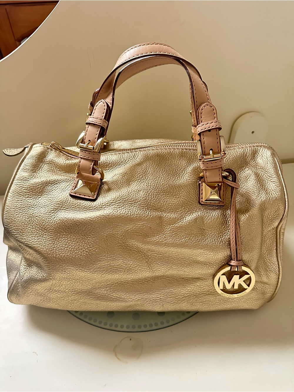 Michael Kors Gold Leather Satchel with Tan Handles and MK Charm